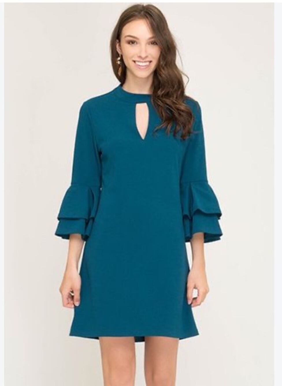 SHE + SKY Teal Shift Dress Sz MEDIUM M Choker Neck Cutout 3 Tier Ruffle Sleeves